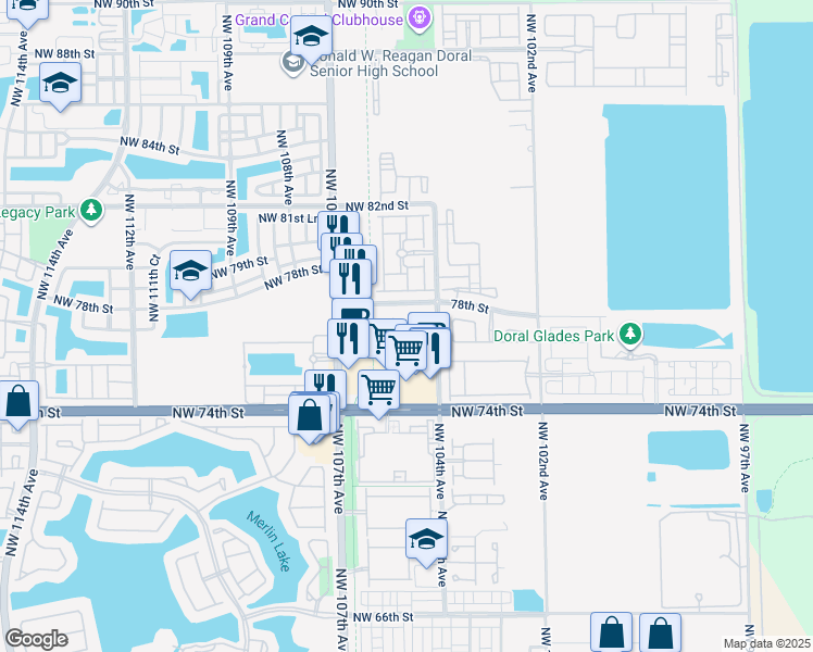 map of restaurants, bars, coffee shops, grocery stores, and more near 10540 Northwest 78th Street in Doral