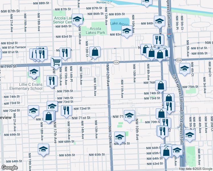 map of restaurants, bars, coffee shops, grocery stores, and more near 7530 Northwest 12th Avenue in Miami