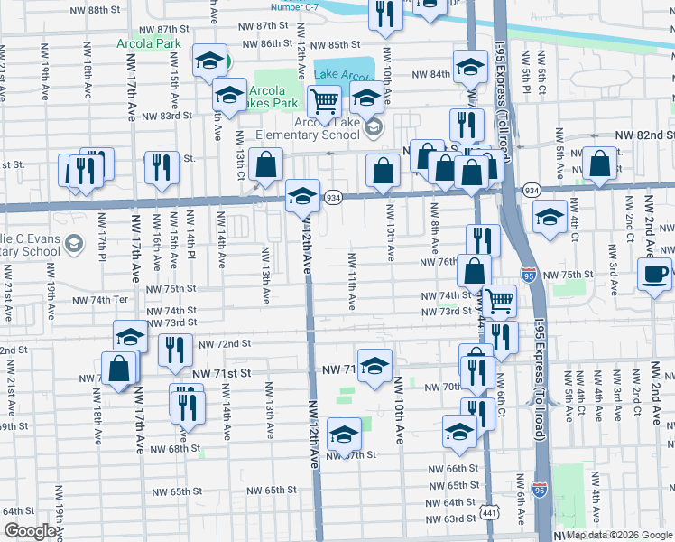 map of restaurants, bars, coffee shops, grocery stores, and more near 1111 Northwest 75th Street in Miami