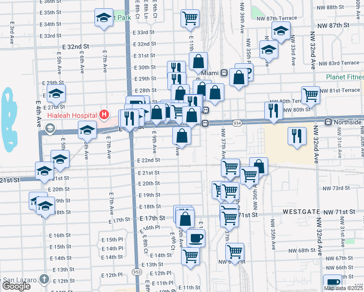 map of restaurants, bars, coffee shops, grocery stores, and more near 2307 East 10th Avenue in Hialeah