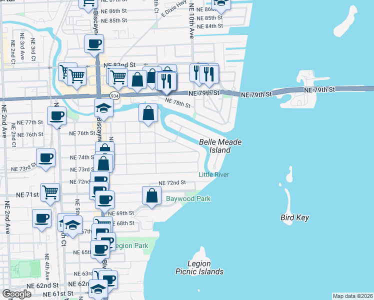 map of restaurants, bars, coffee shops, grocery stores, and more near 990 Northeast 74th Street in Miami