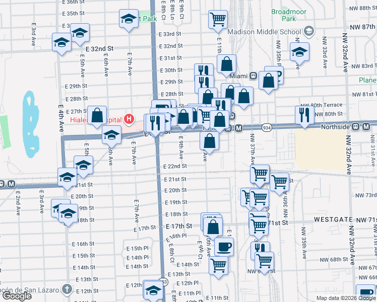 map of restaurants, bars, coffee shops, grocery stores, and more near 921 East 23rd Street in Hialeah