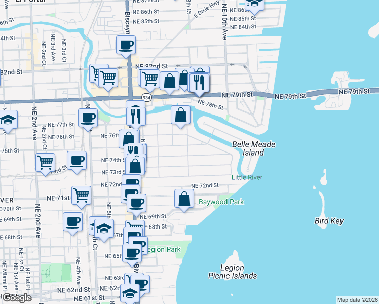 map of restaurants, bars, coffee shops, grocery stores, and more near 801 Northeast 74th Street in Miami