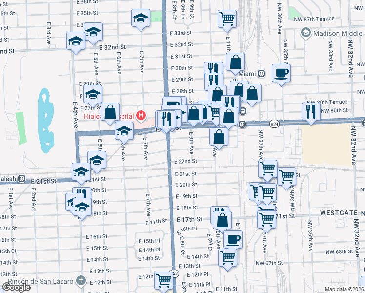map of restaurants, bars, coffee shops, grocery stores, and more near 847 East 23rd Street in Hialeah