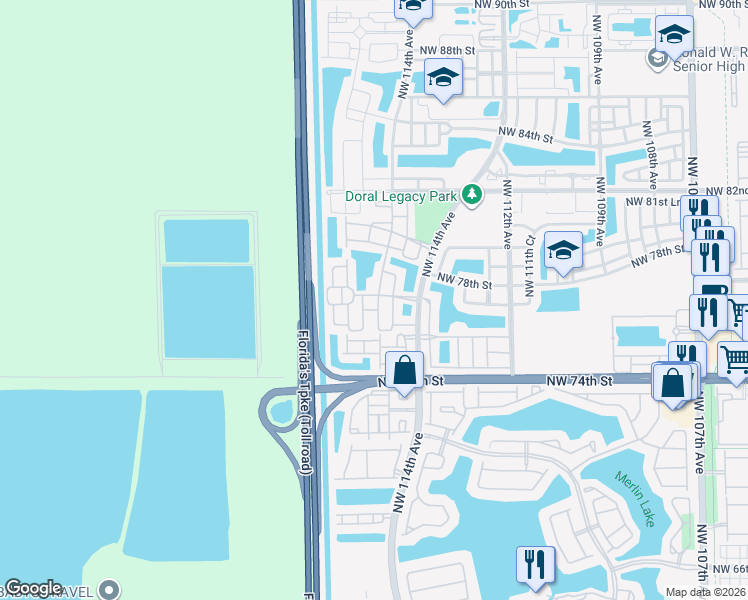 map of restaurants, bars, coffee shops, grocery stores, and more near 7716 Northwest 115th Court in Medley