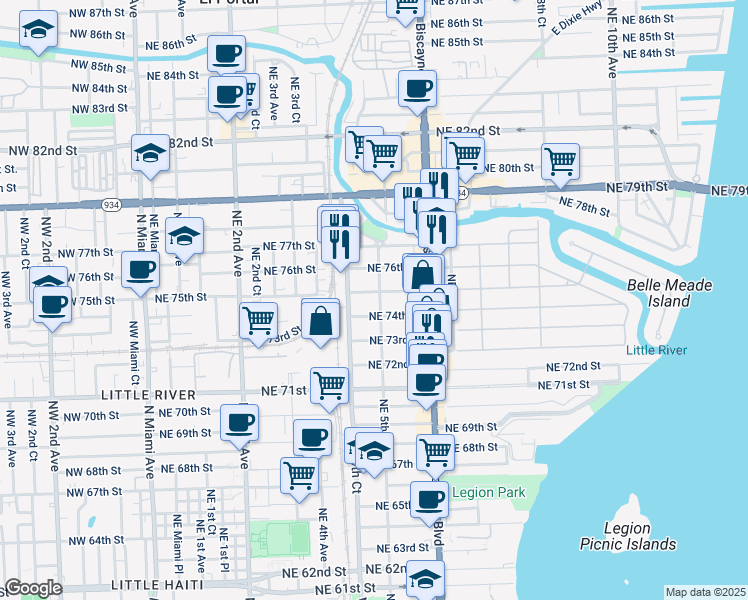 map of restaurants, bars, coffee shops, grocery stores, and more near 7410 Northeast 5th Avenue in Miami
