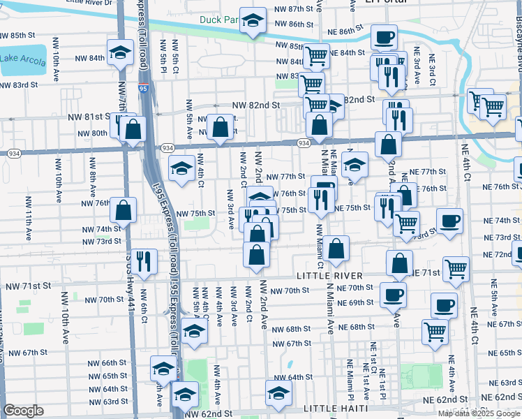 map of restaurants, bars, coffee shops, grocery stores, and more near in Miami