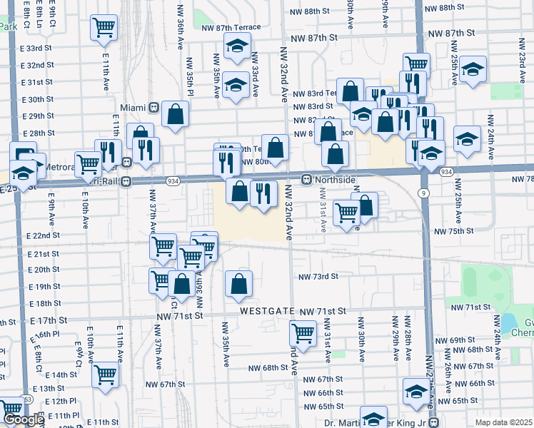 map of restaurants, bars, coffee shops, grocery stores, and more near 3200 Northwest 79th Street in Miami