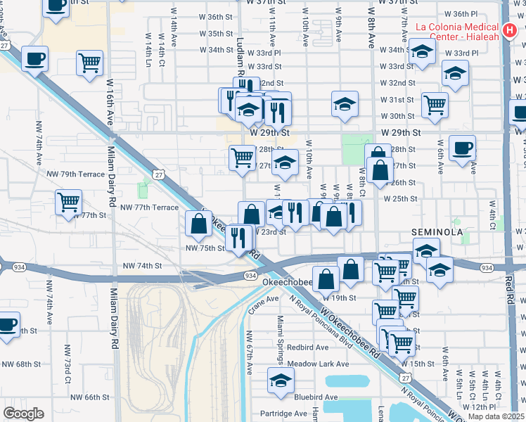 map of restaurants, bars, coffee shops, grocery stores, and more near 1168 West 24th Street in Hialeah