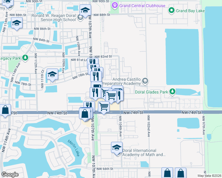 map of restaurants, bars, coffee shops, grocery stores, and more near 10397 Northwest 77th Street in Doral