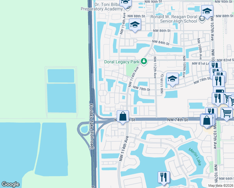map of restaurants, bars, coffee shops, grocery stores, and more near 11454 Northwest 77th Lane in Doral