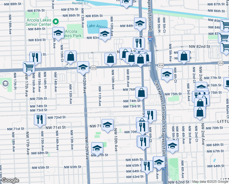 map of restaurants, bars, coffee shops, grocery stores, and more near 911 Northwest 75th Street in Miami