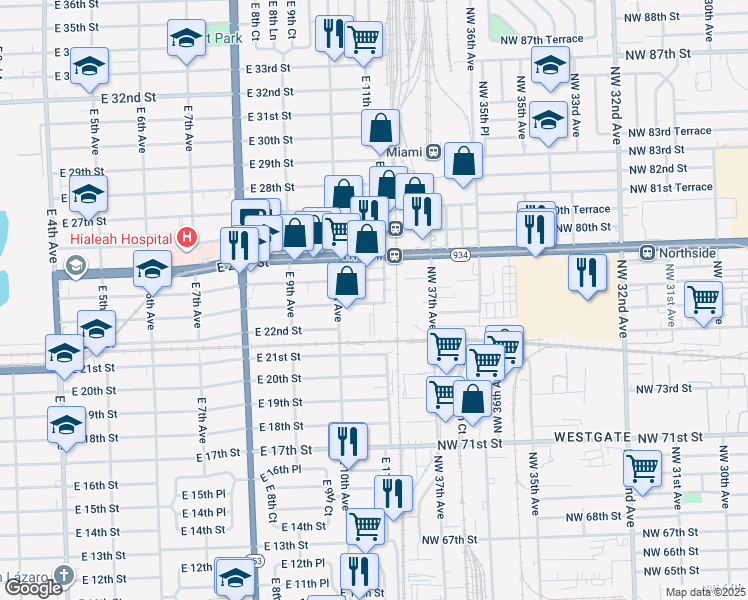 map of restaurants, bars, coffee shops, grocery stores, and more near 1065 East 23rd Street in Hialeah