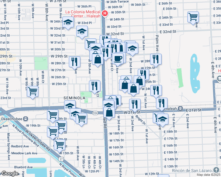 map of restaurants, bars, coffee shops, grocery stores, and more near 2400 West 3rd Court in Hialeah