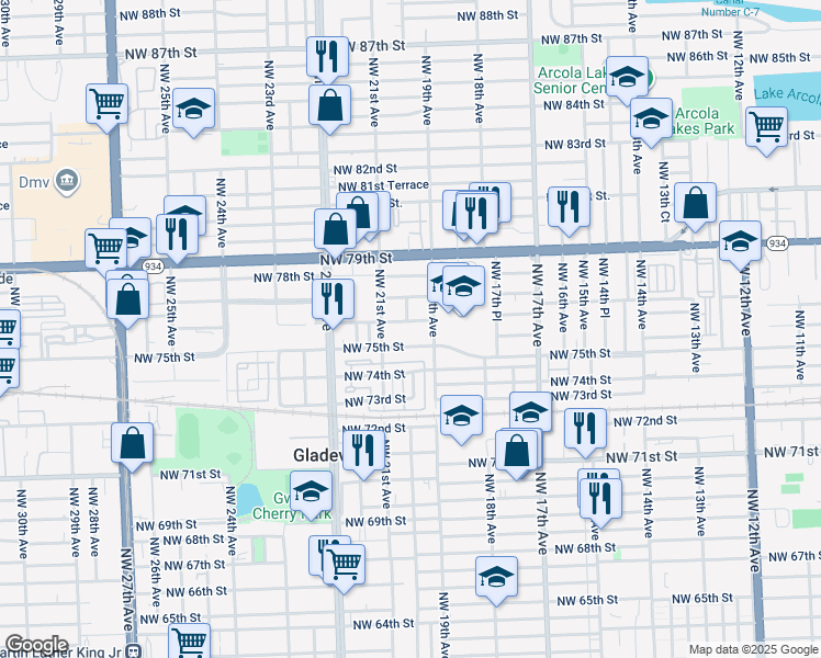 map of restaurants, bars, coffee shops, grocery stores, and more near 1990 Northwest 76th Street in Miami