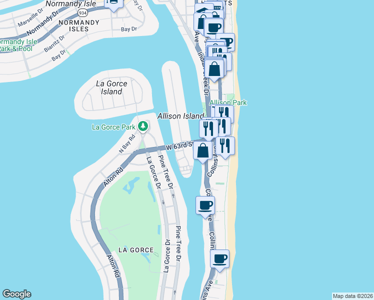 map of restaurants, bars, coffee shops, grocery stores, and more near 6103 Aqua Avenue in Miami Beach