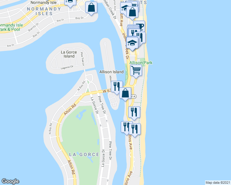 map of restaurants, bars, coffee shops, grocery stores, and more near 6103 Aqua Avenue in Miami Beach