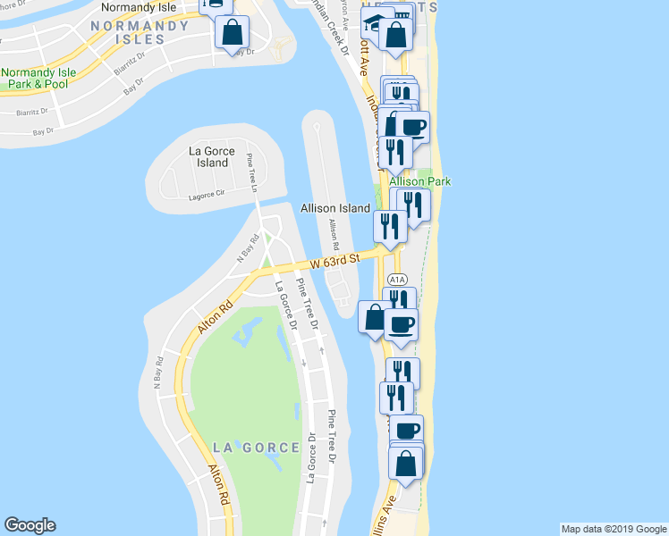 map of restaurants, bars, coffee shops, grocery stores, and more near 6113 Laguna Drive West in Miami Beach