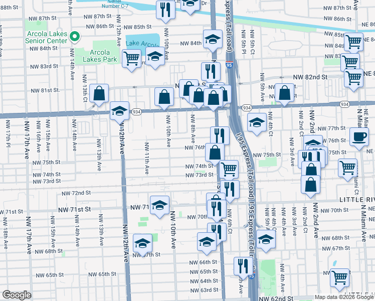 map of restaurants, bars, coffee shops, grocery stores, and more near 795 Northwest 75th Street in Miami