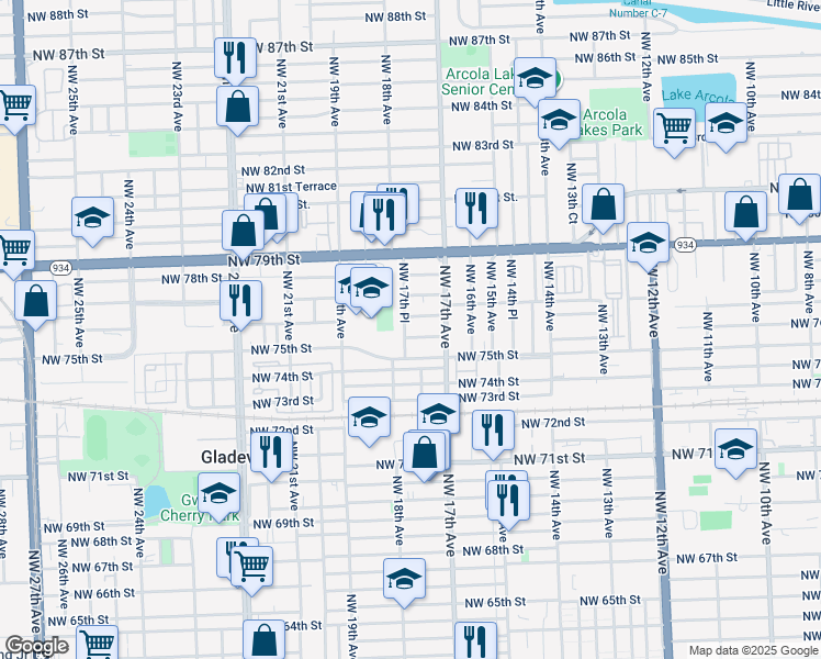 map of restaurants, bars, coffee shops, grocery stores, and more near 1728 Northwest 76th Street in Miami