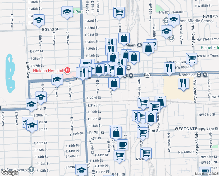 map of restaurants, bars, coffee shops, grocery stores, and more near 2307 East 10th Avenue in Hialeah