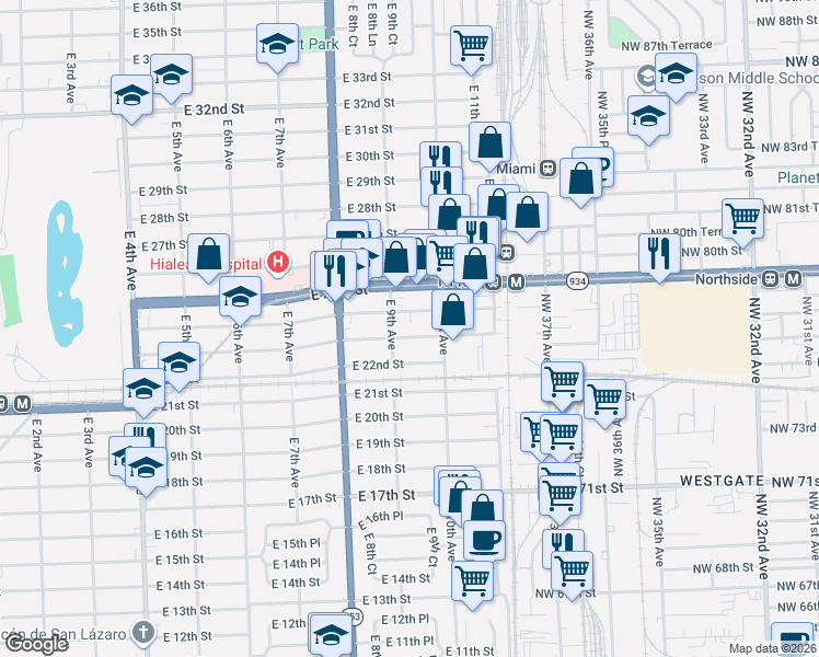 map of restaurants, bars, coffee shops, grocery stores, and more near 924 East 23rd Street in Hialeah