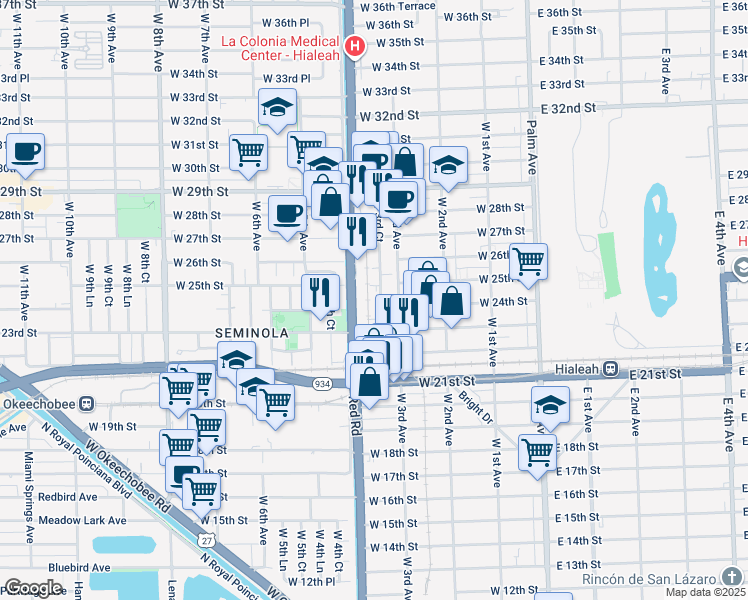 map of restaurants, bars, coffee shops, grocery stores, and more near 2400 West 3rd Court in Hialeah
