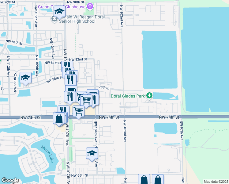 map of restaurants, bars, coffee shops, grocery stores, and more near 7652 Northwest 88th terrace in Doral