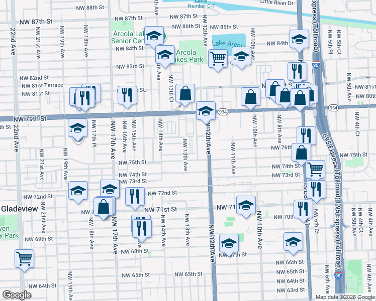 map of restaurants, bars, coffee shops, grocery stores, and more near 1286 Northwest 79th Street in Miami