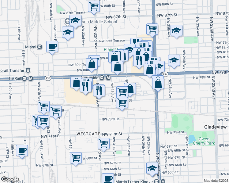 map of restaurants, bars, coffee shops, grocery stores, and more near 3056 Northwest 76th Street in Miami