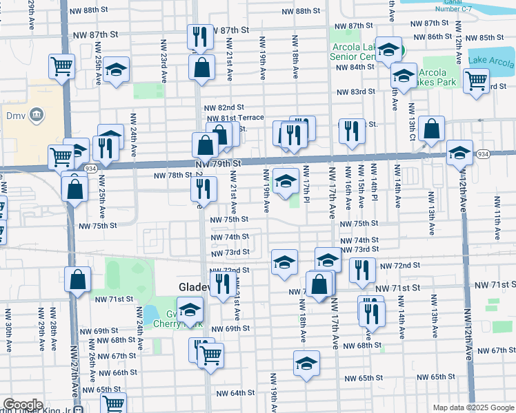 map of restaurants, bars, coffee shops, grocery stores, and more near 1990 Northwest 76th Street in Miami