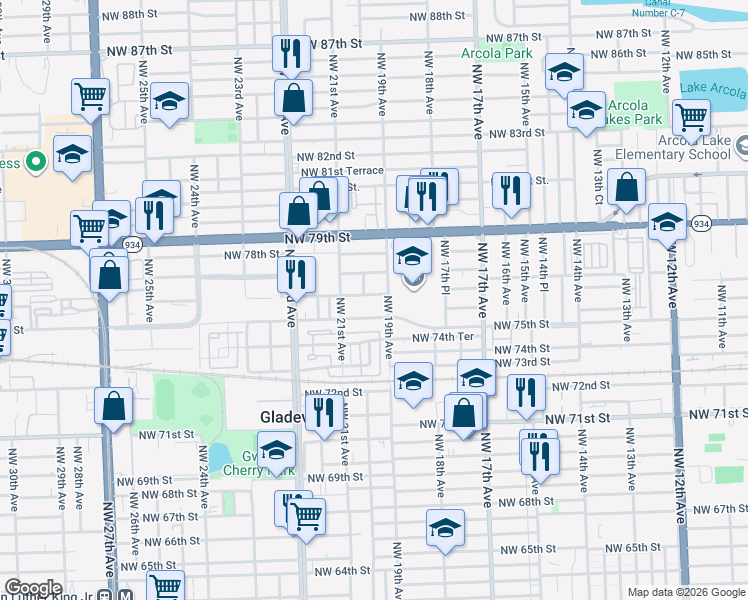 map of restaurants, bars, coffee shops, grocery stores, and more near 1990 Northwest 76th Street in Miami