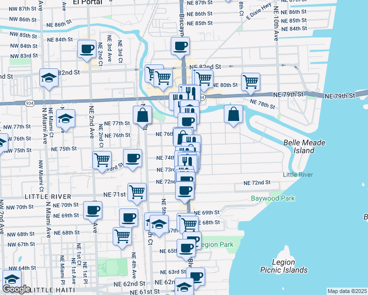 map of restaurants, bars, coffee shops, grocery stores, and more near 31 Northeast 74th Street in Miami