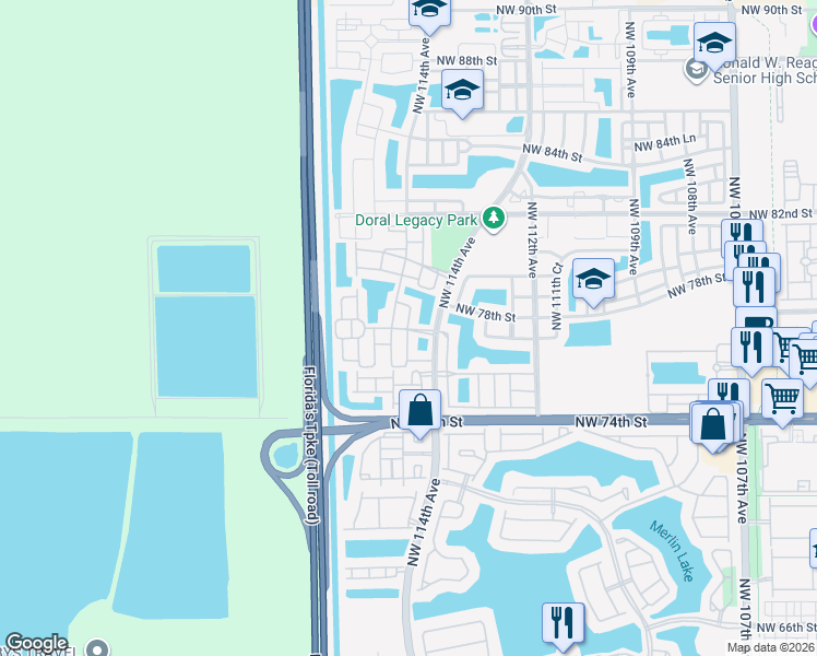 map of restaurants, bars, coffee shops, grocery stores, and more near 7742 Northwest 114th Path in Doral
