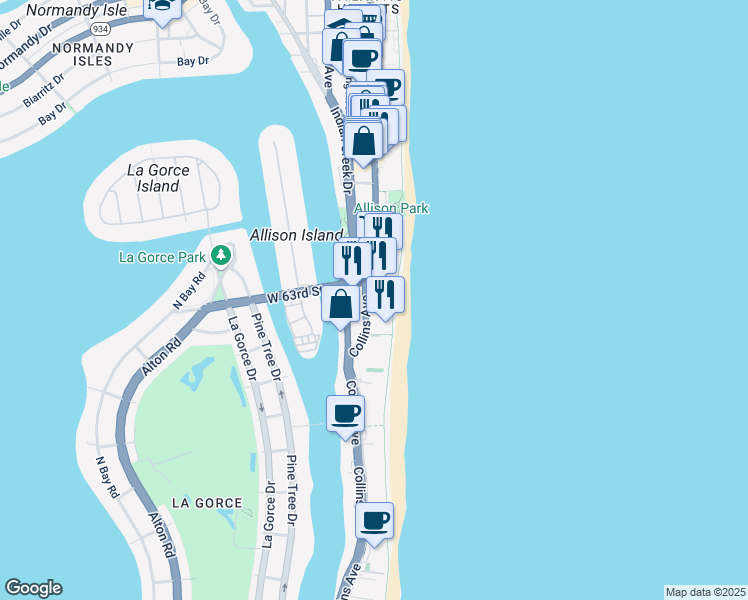 map of restaurants, bars, coffee shops, grocery stores, and more near 6061 Collins Avenue in Miami Beach