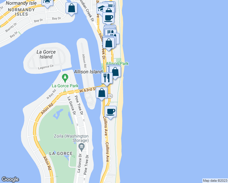 map of restaurants, bars, coffee shops, grocery stores, and more near 6061 Collins Avenue in Miami Beach