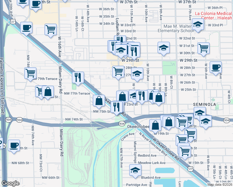 map of restaurants, bars, coffee shops, grocery stores, and more near 1240 West 24th Street in Hialeah