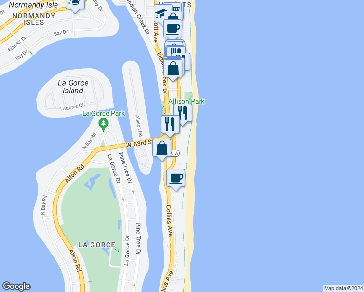 map of restaurants, bars, coffee shops, grocery stores, and more near 6061 Collins Avenue in Miami Beach