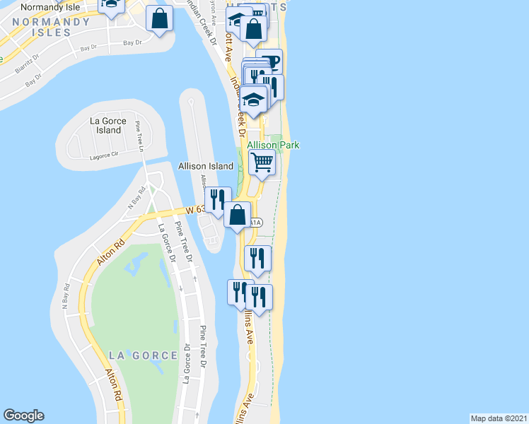map of restaurants, bars, coffee shops, grocery stores, and more near 6061 Collins Avenue in Miami Beach