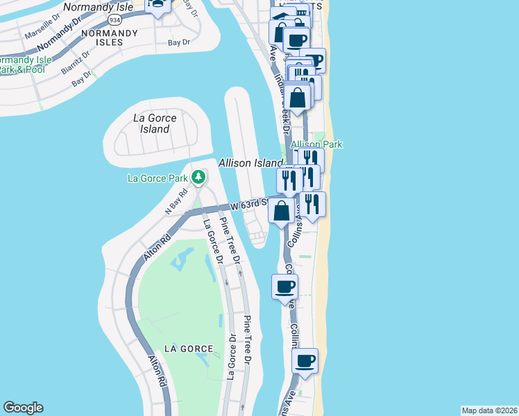 map of restaurants, bars, coffee shops, grocery stores, and more near 6103 Aqua Avenue in Miami Beach