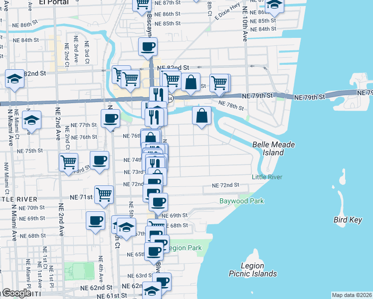 map of restaurants, bars, coffee shops, grocery stores, and more near 751 Northeast 74th Street in Miami