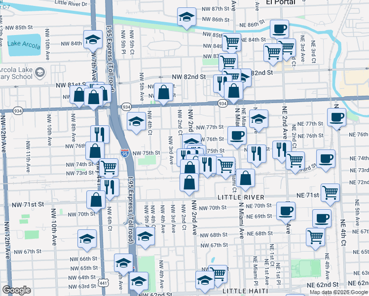 map of restaurants, bars, coffee shops, grocery stores, and more near 254 Northwest 75th Street in Miami