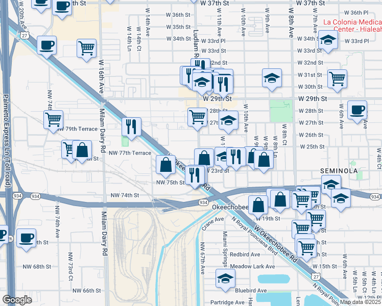 map of restaurants, bars, coffee shops, grocery stores, and more near 1240 West 24th Street in Hialeah