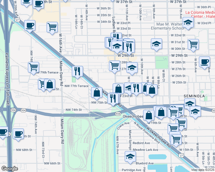 map of restaurants, bars, coffee shops, grocery stores, and more near 1240 West 24th Street in Hialeah