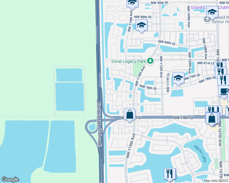map of restaurants, bars, coffee shops, grocery stores, and more near 7716 Northwest 115th Court in Medley