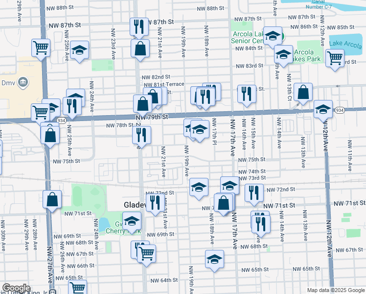 map of restaurants, bars, coffee shops, grocery stores, and more near 1895 Northwest 75th Street in Miami