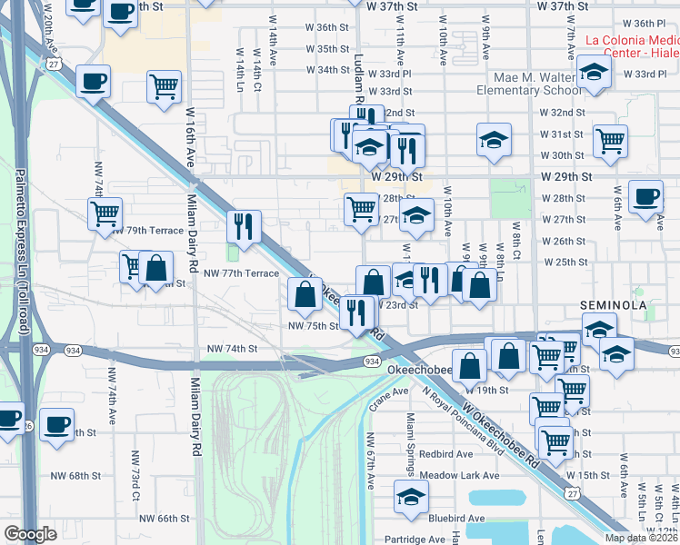 map of restaurants, bars, coffee shops, grocery stores, and more near 1240 West 24th Street in Hialeah