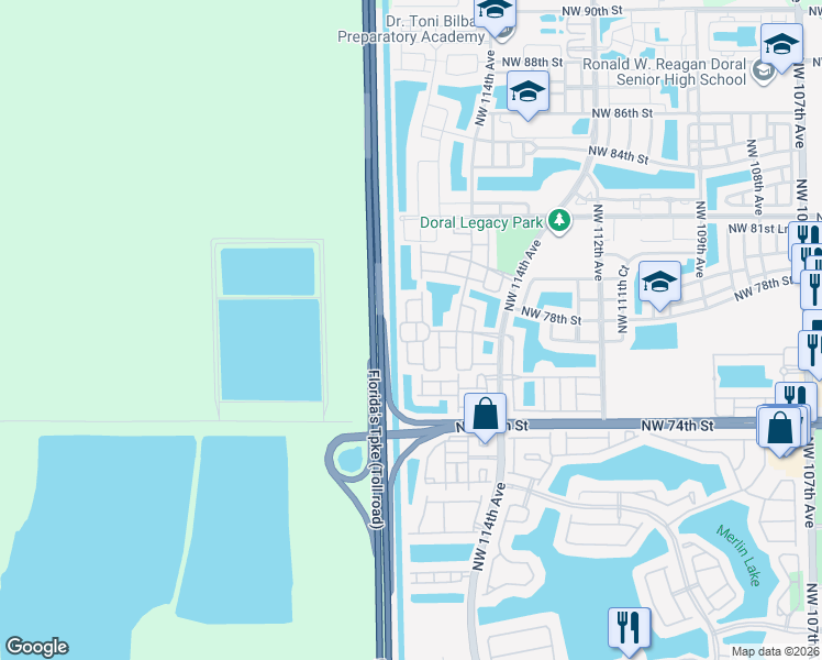 map of restaurants, bars, coffee shops, grocery stores, and more near 7758 Northwest 116th Avenue in Medley