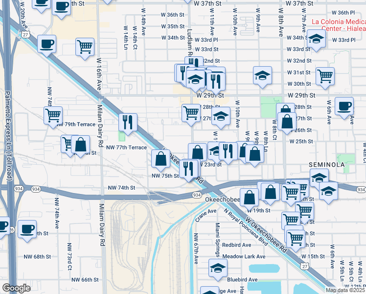 map of restaurants, bars, coffee shops, grocery stores, and more near 1240 West 24th Street in Hialeah
