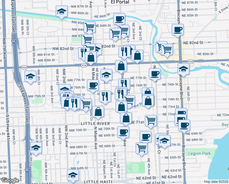 map of restaurants, bars, coffee shops, grocery stores, and more near 130 Northeast 75th Street in Miami